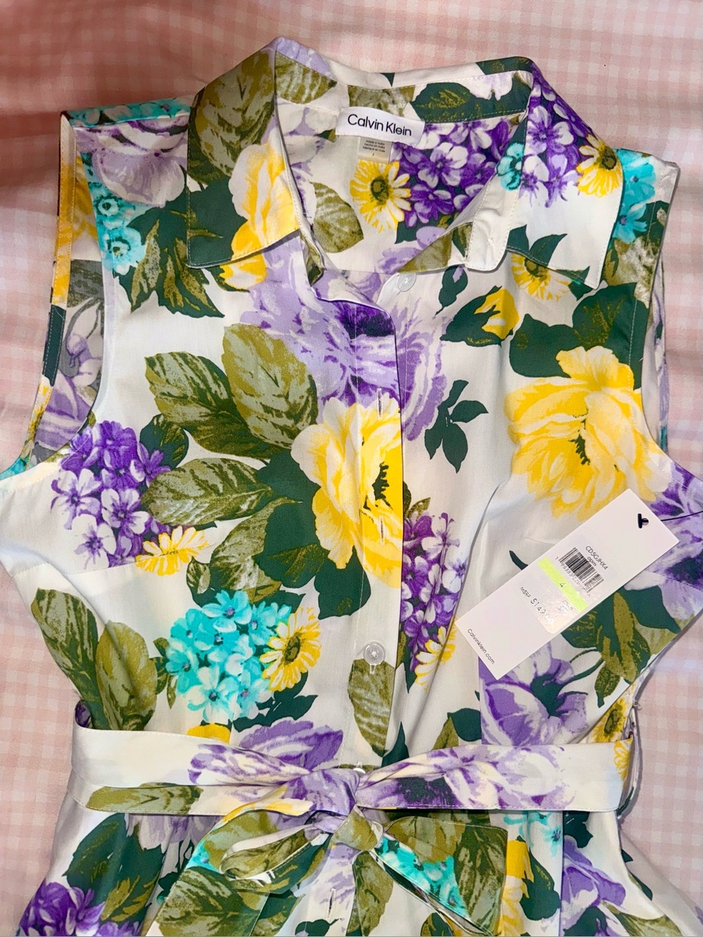 Calvin Klein Yellow & Purple Floral Shirtwaist Dress with Tie Belt - Picture 6 of 11